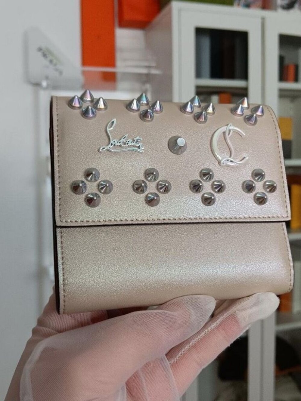Rare Christian Louboutin Pearl Shimmery Iridescent Hardware Trifold Leather Wall
